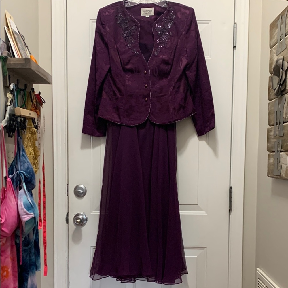 Vintage Brocade/Damask/Jacquard Purple Embellished Jacket and Dress Set